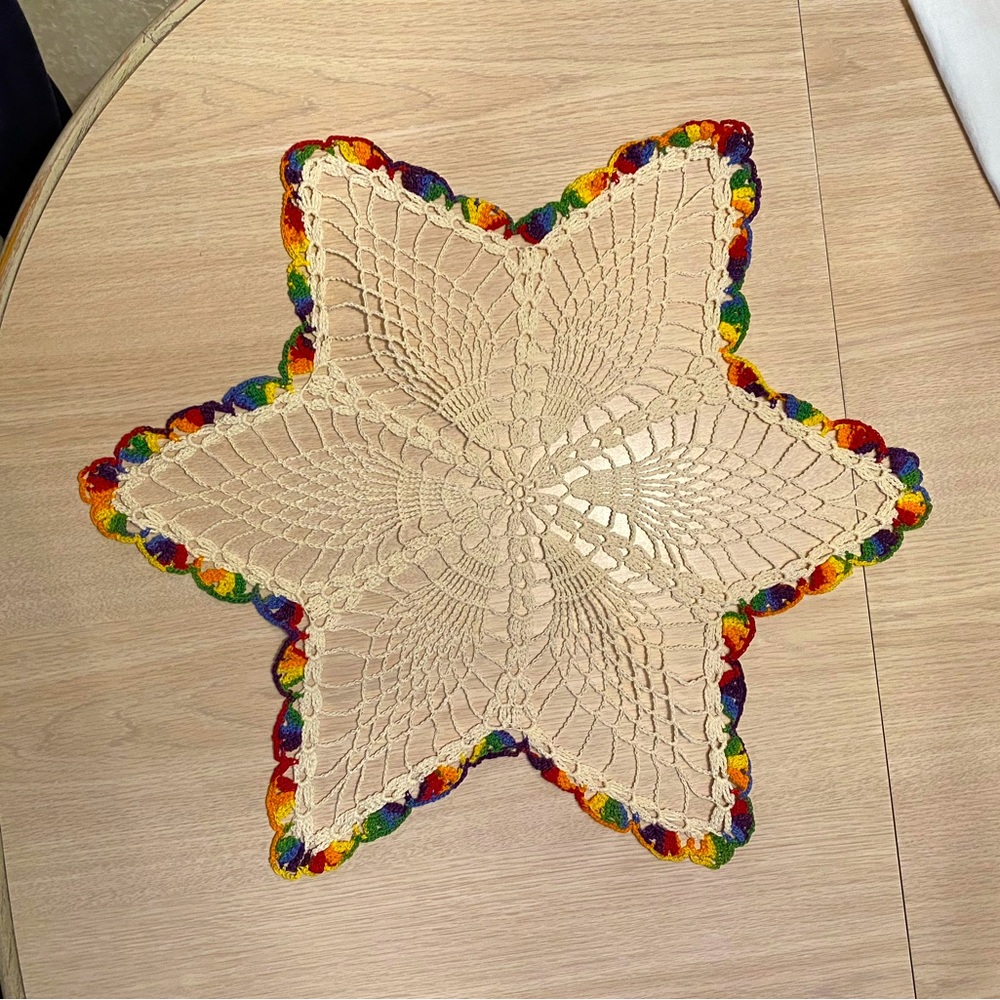 Pride colors Hand crocheted 19” doily - pineapple pattern w/rainbow trim